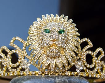 Lion Queen Tiara, Queen of the Jungle Crown, Lion Fan Gift, Gold Tiara with Rhinestone Lion with Green Eyes, Lion Crown, Lion Mascot Gear