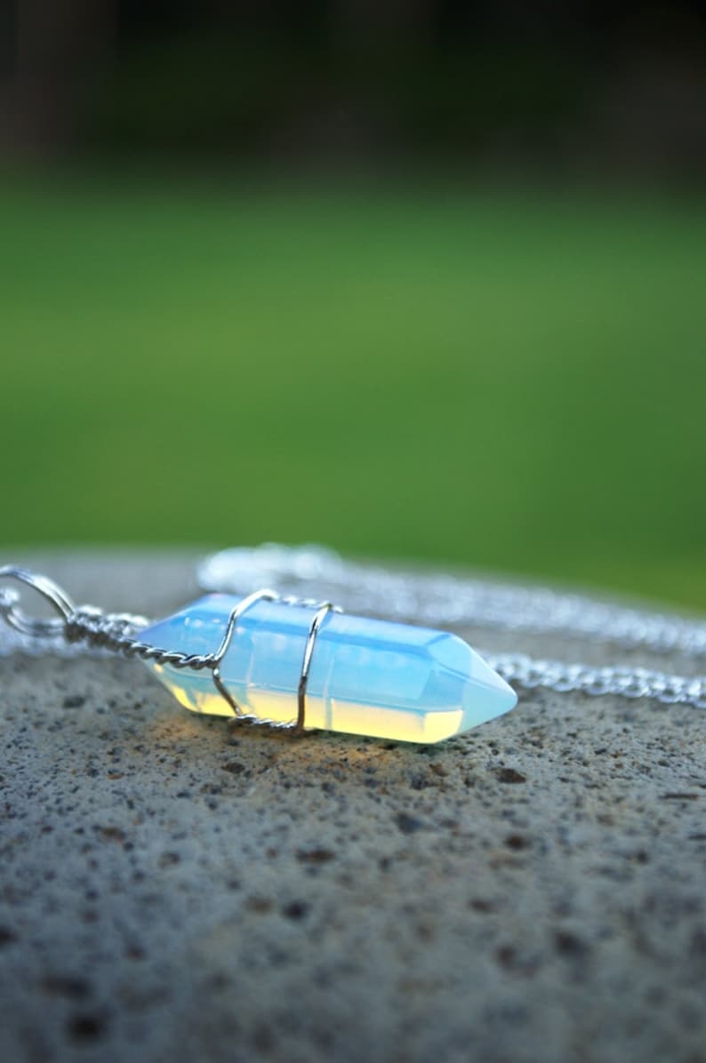 Rainbow Crystal Necklace, Opalite Moonstone Crystal, Wire Wrapped Crystal Point, Long Layering Crystal, Mens Leather Option, Choker Option 