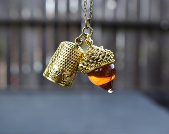 Acorn and Thimble Necklace, Peter Pan Wendy Kiss Couple's Gift Necklace, Glass Acorn with Antique Gold Thimble, Gold Acorn Thimble Necklace