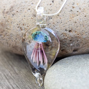Pu&ograve; includere: Una collana con un ciondolo di vetro a forma di lacrima trasparente che contiene una medusa rosa e blu. Il ciondolo &egrave; appeso a una catena d'argento.