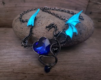 XL Dragon Heart Necklace, Large Glow in the Dark Dragon Wings Necklace, Gun Metal Blue Rhinestone,  Mal Costume, Gift for Dragon Lover