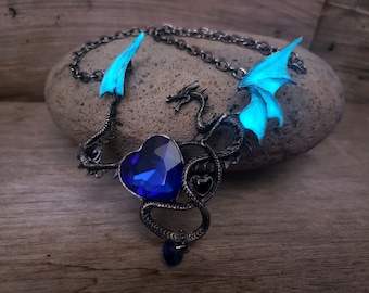 XL Dragon Heart Necklace, Large Glow in the Dark Dragon Wings Necklace, Gun Metal Blue Rhinestone,  Mal Costume, Gift for Dragon Lover