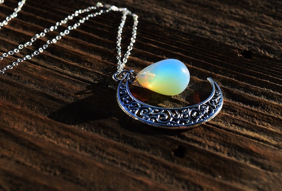 Moon Drops Necklace, Crescent Moon With Teardrop Opalite