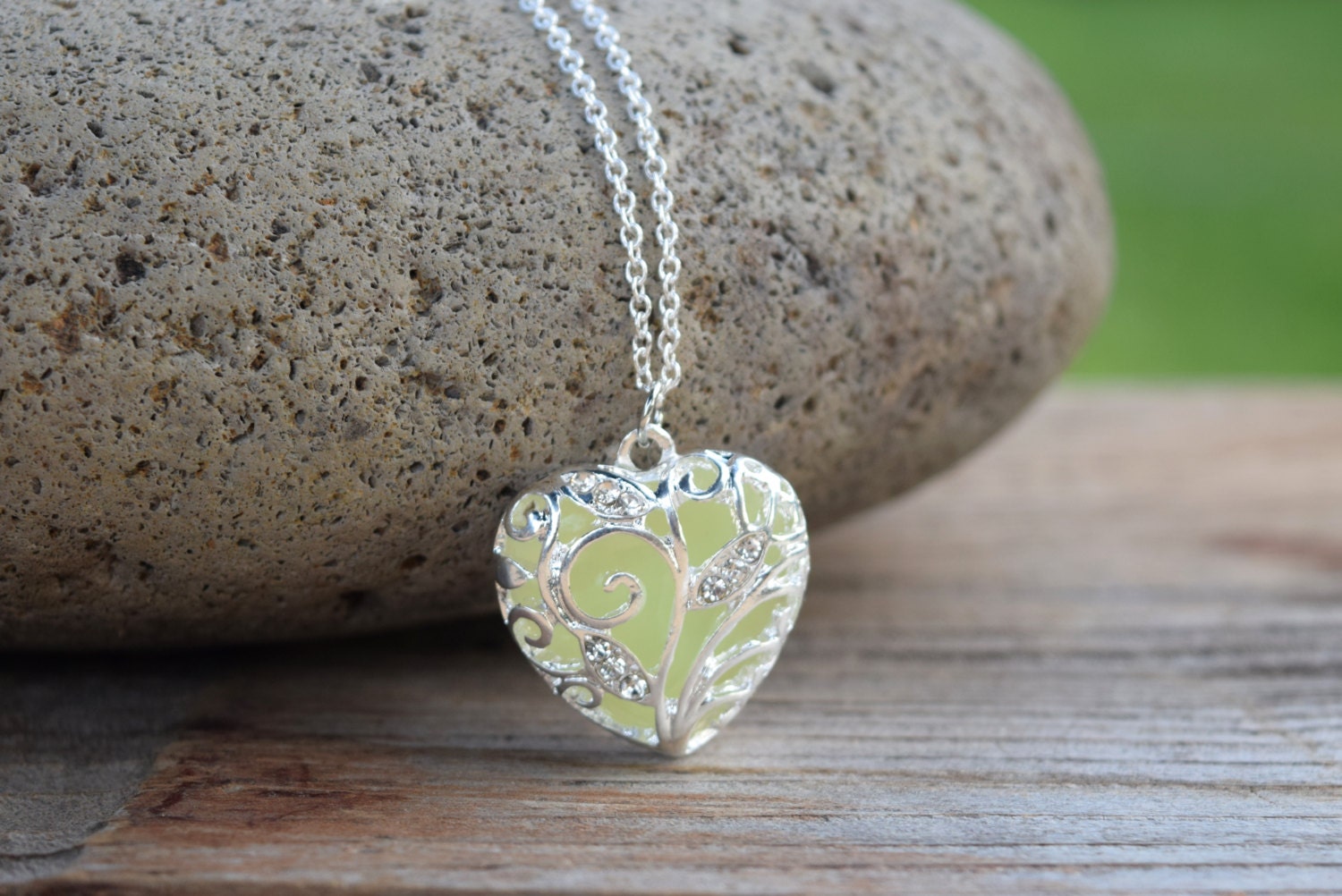Green Glow Heart Necklace Glow in the Dark Jewelry Glowing | Etsy
