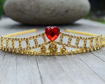 Personalized Evie Tiara, Queen of Hearts Crown, Descendants Costume, Gold Tiara w/ Read Heart, Champagne Rhinestone Headband, Adult or Child