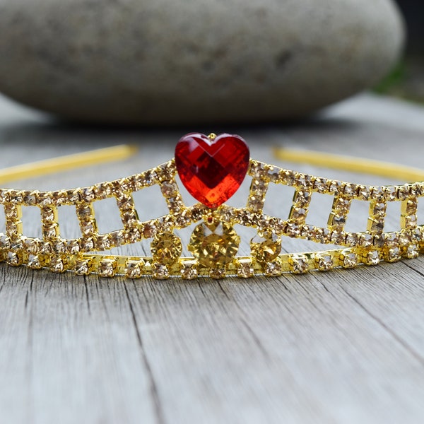 Personalized Evie Tiara, Queen of Hearts Crown, Descendants Costume, Gold Tiara w/ Read Heart, Champagne Rhinestone Headband, Adult or Child