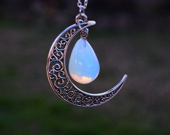 Moon Drops Necklace, Crescent Moon with Teardrop Opalite Crystal, Spiritual Jewelry, Half Moon Pendant w Moonstone Opalite Tear Drop