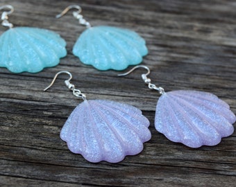 Shimmer Ariel Earrings, Teal, Pink or Purple Scallop Shell Resin Earrings, Nautical Mermaid Earrings, Ariel Or Margot Costume Cosplay