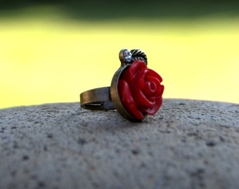 SALE Belle Beauty and the Beast Ring, Belle Cosplay Ring, Adjustable Rose Ring, Red Rose Ring, Antique Bronze Princess Belle Ring