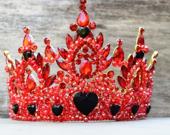 Queen of Hearts Crown, Red or Pink Crown with Red Hearts, XL Pink Rhinestone Crystal Crown with Spikes, Rise of Red Bridget Cosplay