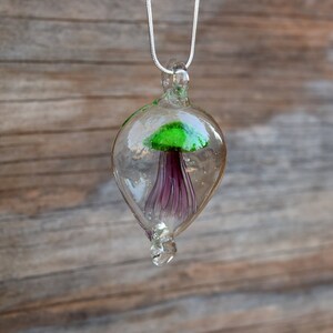 Pu&ograve; includere: Una collana con un ciondolo di vetro trasparente che contiene un fungo di vetro verde e viola.