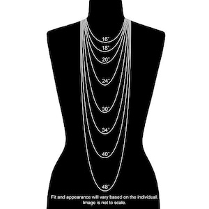 May include: A diagram showing different necklace lengths from 16 inches to 48 inches. The lengths are marked on a silhouette of a person wearing the necklaces.