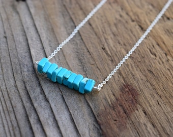 Turquoise Horizontal Bar Necklace, Minimalist Bohemian, Silver Turquoise Howlite Stone Necklace, Boho Spring Necklace, Geometric Rectangle