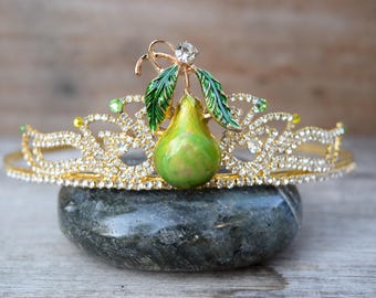 Pear Harvest Tiara, Fall Autumn Tiara, Pear Fruit Festival Crown, Fall Country Wedding Flower Girl Headband, Gold Pear Fair Fruit Tiara