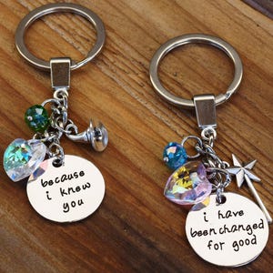 Elphaba and Glinda Key Chains, Best Friends Gift, "Because I Knew You" and "I have been Changed for Good" Key Ring, Witch Hat Wand Keychains