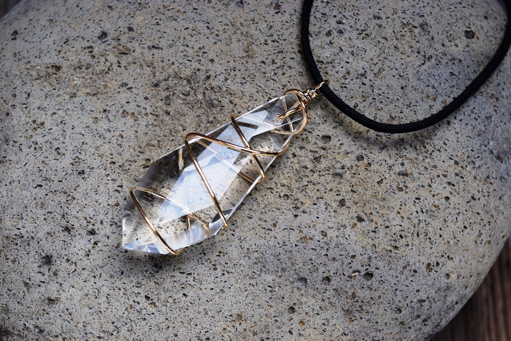 Gold Wire Wrapped Crystal Necklace, Clear Wire Wrapped Crystal Pendant, Large Crystal Necklace