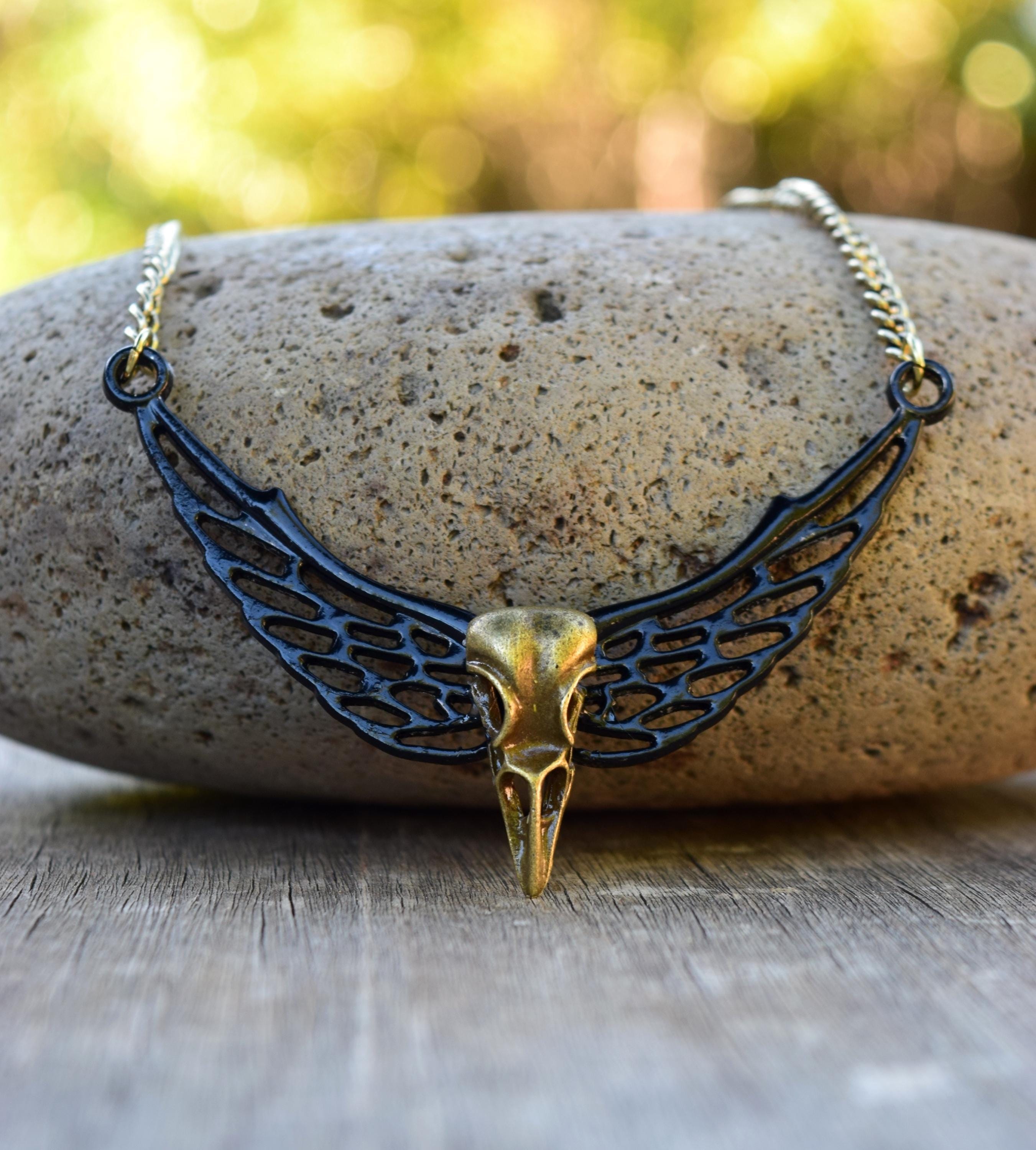 Evil Audrey Necklace Bird Raven Skull with Wings Bronze Gold Black Descendants Fan Gift Audrey Costume Cosplay Mens Large Statement