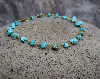 Turquoise Anklet, Boho Antique Gold and Stone Ankle Bracelet, Beach Beaded Turquoise Anklet, Body Jewelry, Blue Gold, Festival Beach Wear