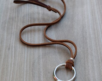 Leather Circle Necklace W/ Silver Bead, Statement Large O Leather Circle Necklace W/ Silver Bead, Statement Large O