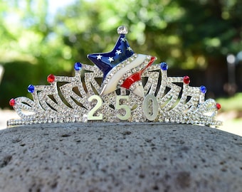 250th Anniversary Patriotic Tiara, 4th of July Crown, American Flag Star Rhinestone Headband, 250 Years Independence Day Parade Tiara
