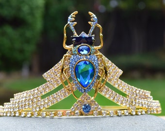 Scarab Tiara, Egyptian Goddess Crown, Blue And Gold Khepri Rhinestone Beetle, Egyptian Aset Gold Pharaoh Headpiece, Scarab Hair Jewelry