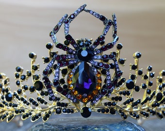 Spider Queen Tiara, Vampire Crown, Gold and Black Rhinestone Gothic Headband with Purple and Orange Spider, Halloween Black Widow Costume