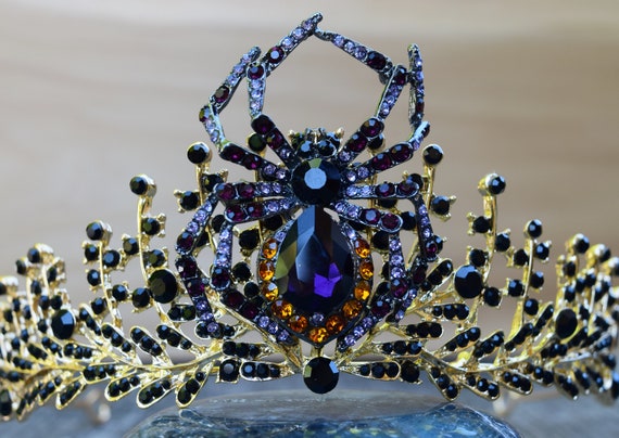 Spider Queen Tiara, Vampire Crown, Gold and Black Rhinestone