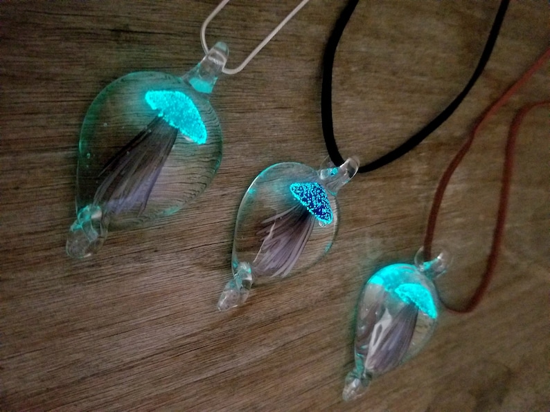 Pu&ograve; includere: Tre ciondoli di vetro a forma di medusa su cordini di diversi colori. Le meduse sono racchiuse in vetro trasparente e brillano al buio.