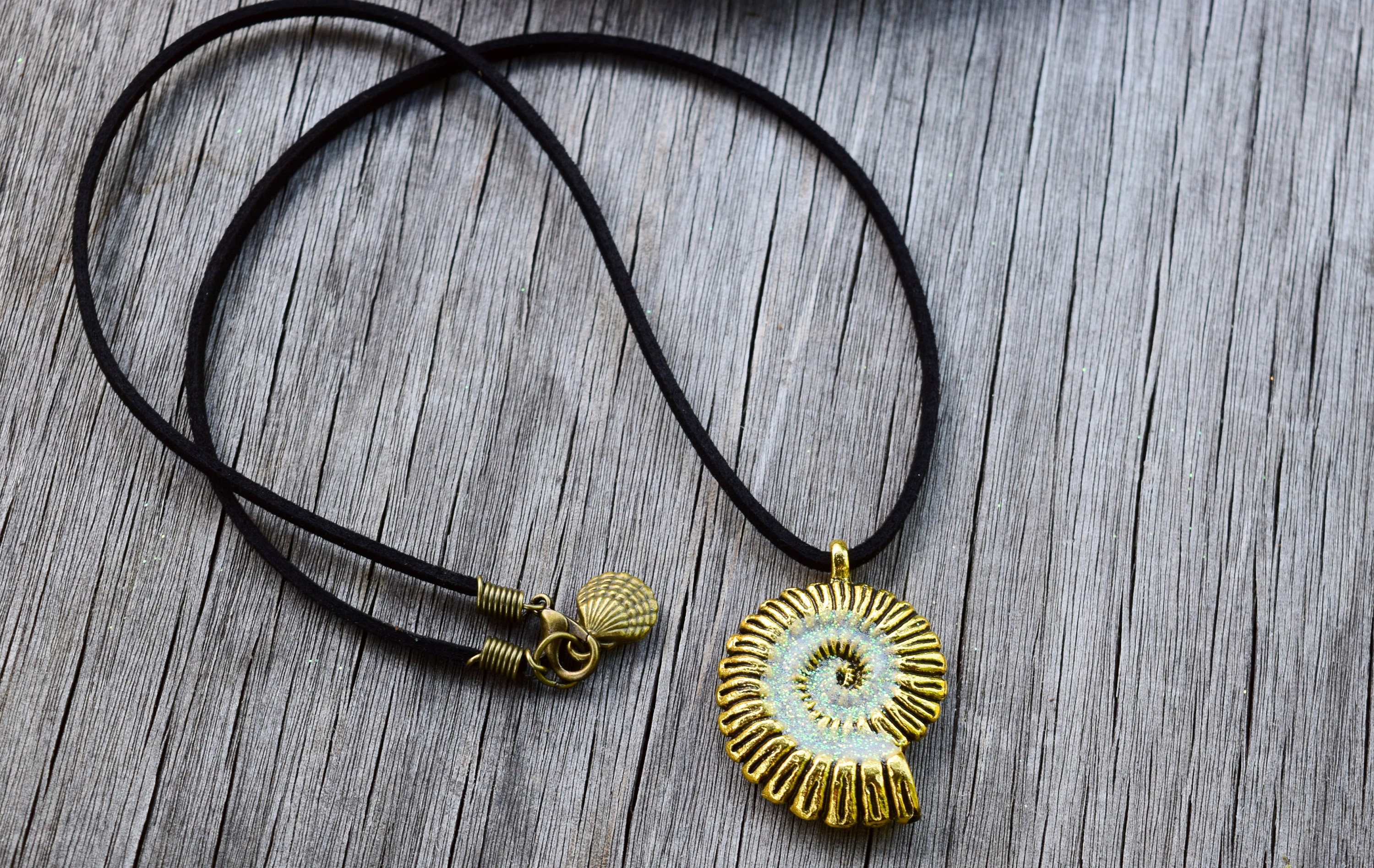 Antique Gold Uma Necklace, Glow in the Dark Nautilus Sea Shell, Ursula ...