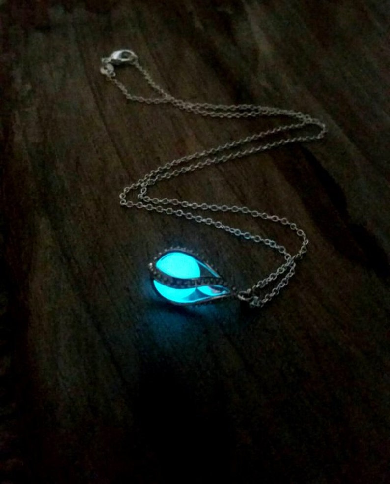 Glow in the Dark Dragon Egg, Mermaid Tear, Glowing Necklace, Glow in the Dark Tear Drop Necklace, Dainty Necklace, Blue Green Aqua image 1