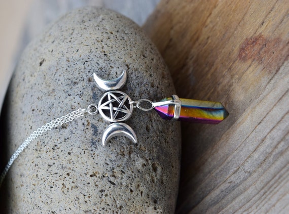 Lux Accessories Double Crescent Moon Pentagram Blue Opal Necklace