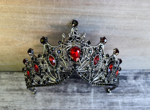 Vampire Crown, Red Spider Tiara, Dark Silver and Black Rhinestone