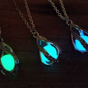 Glow in the Dark Dragon Egg, Mermaid Tear, Glowing Necklace, Glow in the Dark Tear Drop Necklace, Dainty Necklace, Blue Green Aqua image 2