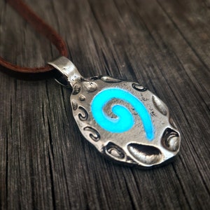 Men's Leather Glow Necklace, Adjustable, Glowing Spiral Stone,  Gift for Him / Husband / Boyfriend, Glow in the Dark Brown Leather Necklace