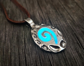 Men's Leather Glow Necklace, Adjustable, Glowing Spiral Stone,  Gift for Him / Husband / Boyfriend, Glow in the Dark Brown Leather Necklace