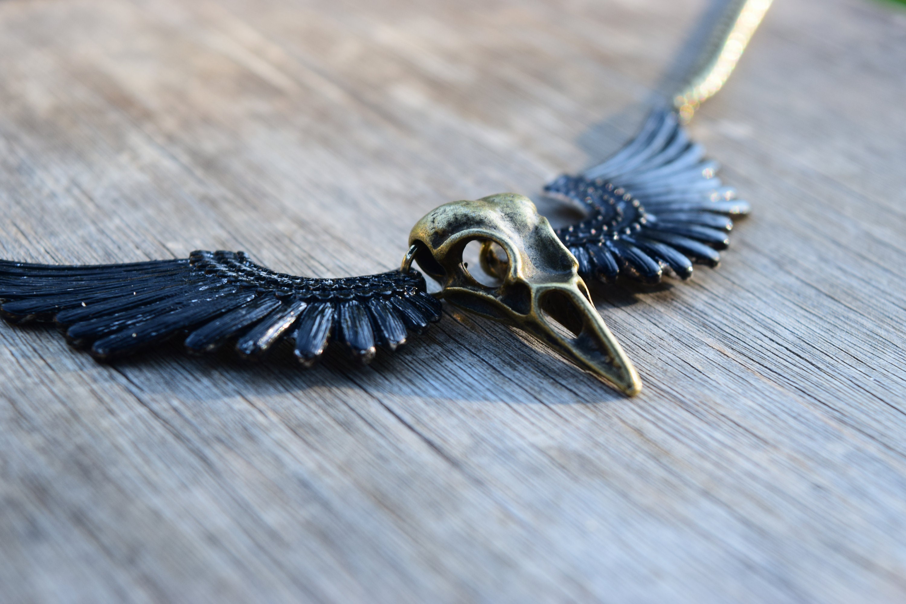 Evil Audrey Necklace Bird Raven Skull With Wings Bronze Gold