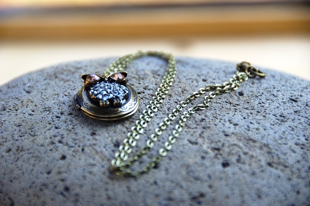 Owl Locket Necklace, Antique Gold Rhinestone Owl Necklace, Bronze Photo