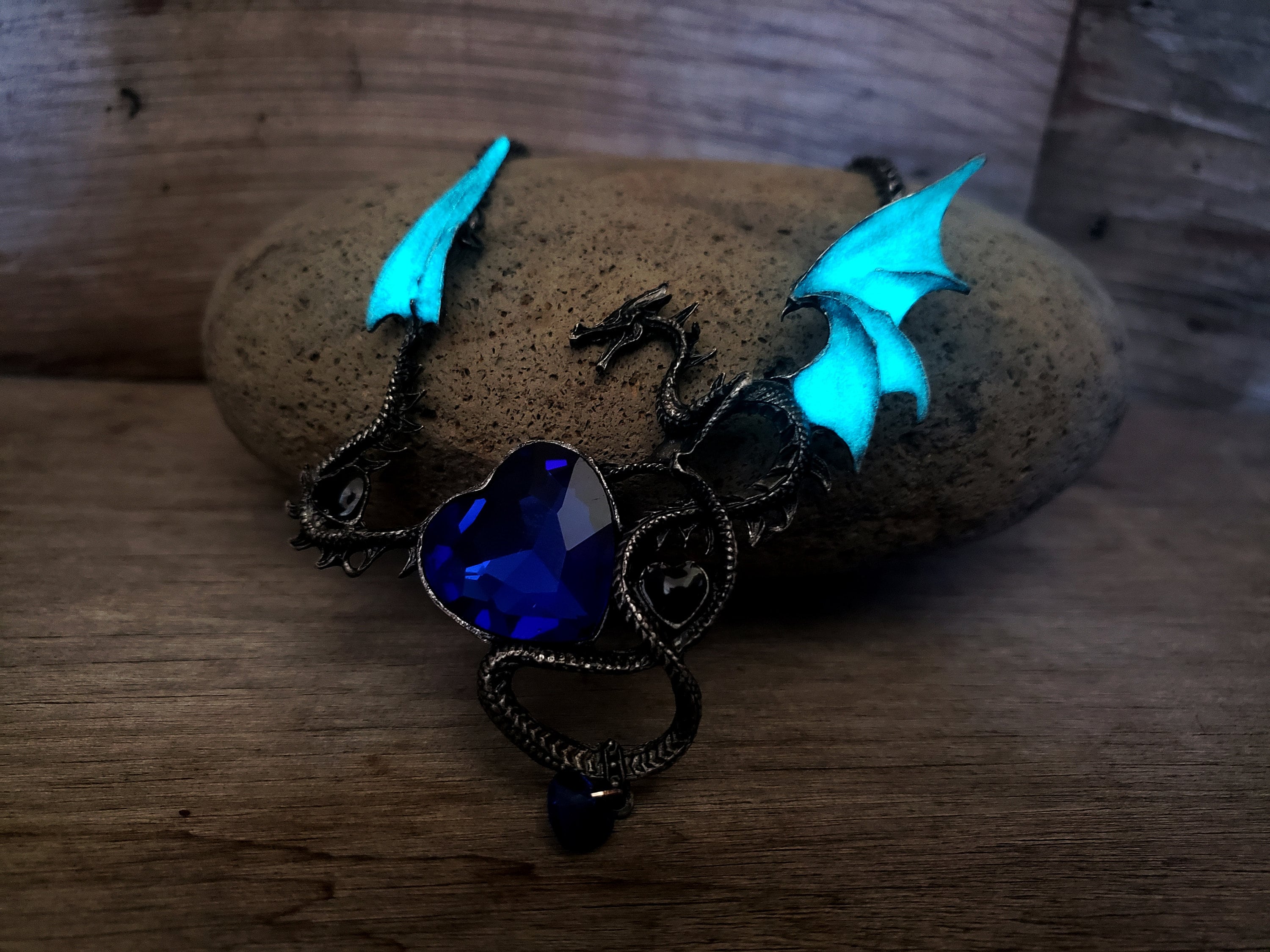 XL Dragon Heart Necklace Large Glow in the Dark Dragon Wings