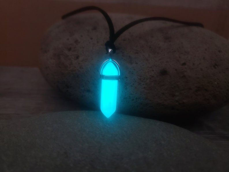 Werewolf 'Moonstone' Glow Crystal Necklace, Glow in the Dark Necklace, Aqua Blue Glowing Glass Crystal Point, Gift 2 Zombie Fan Girl or Boy 