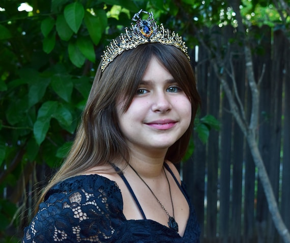 Spider Queen Tiara, Vampire Crown, Gold and Black Rhinestone