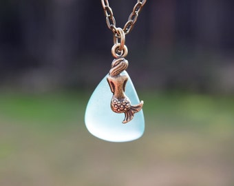 Mermaid Sea Glass Necklace, Little Mermaid Charm on Seaglass, Beach Tumbled Glass, Mermaid Wedding, Boho Mermaid, Mermaid Costume, Gift