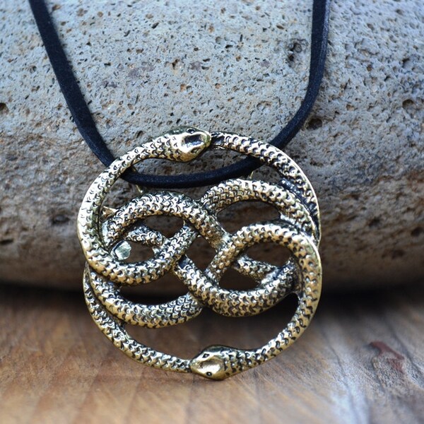 NeverEnding Story Antique Brass Necklace, Auryn Necklace, Leather, Choker Option, Never Ending Story Snake Pendant, Snake Circle, Men's