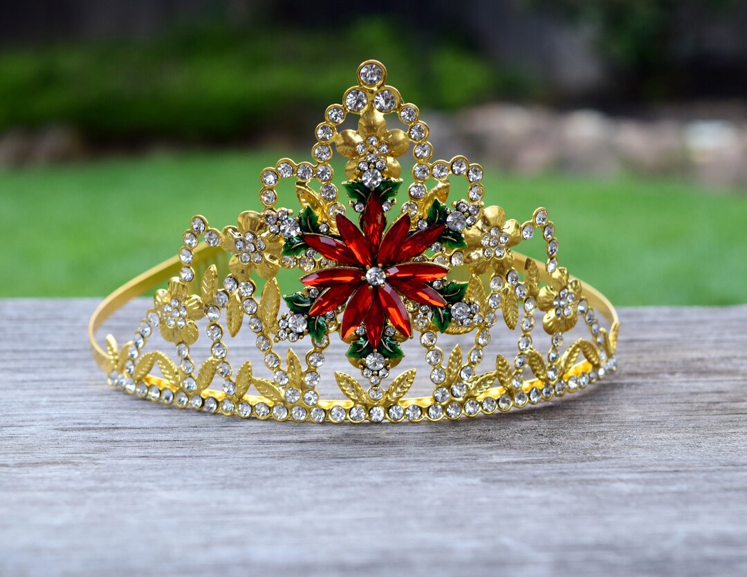 Christmas Tiara, Poinsettia Crown, Holiday Pageant Crown, Gold