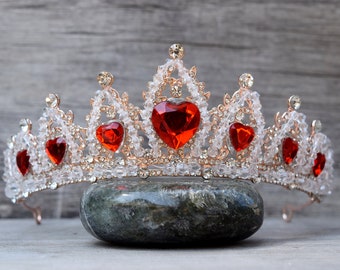 Bridget Good Queen of Hearts Crown, Small Rose Crown w/ Red Hearts, Rhinestone Crystal Crown with Beading, Rise of Red Costume Party Tiara