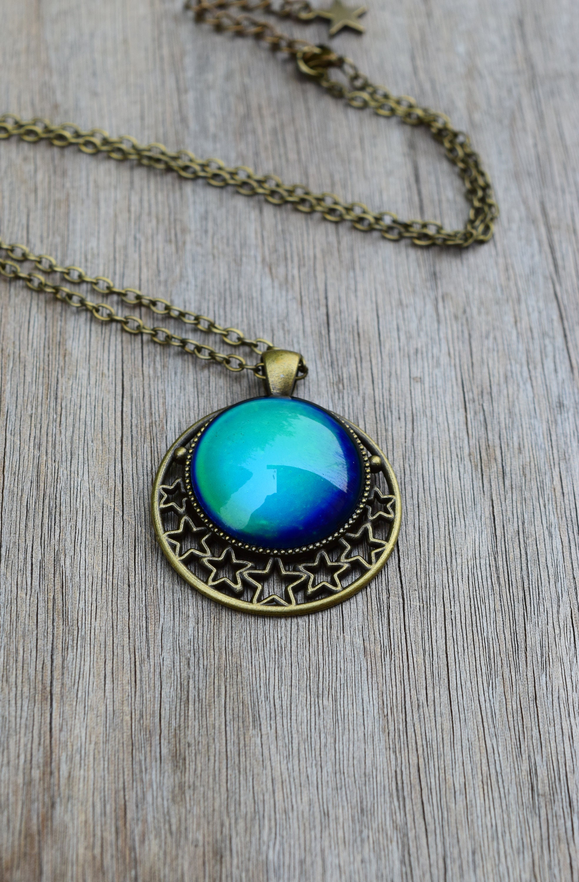 Mood Necklace with Stars, Large Mood Pendant, Celestial Spiritual Jewelry,  Moon with Stars Necklace, Color Changing Temperature Necklace