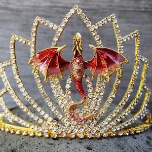Gold Dragon Tiara, Red Dragon Warrior Princess Crown, Mardi Gras Rhinestone Dragon Headpiece, Queen of Dragon Costume, Medieval Dragon Crown