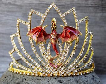 Gold Dragon Tiara, Red Dragon Warrior Princess Crown, Mardi Gras Rhinestone Dragon Headpiece, Queen of Dragon Costume, Medieval Dragon Crown