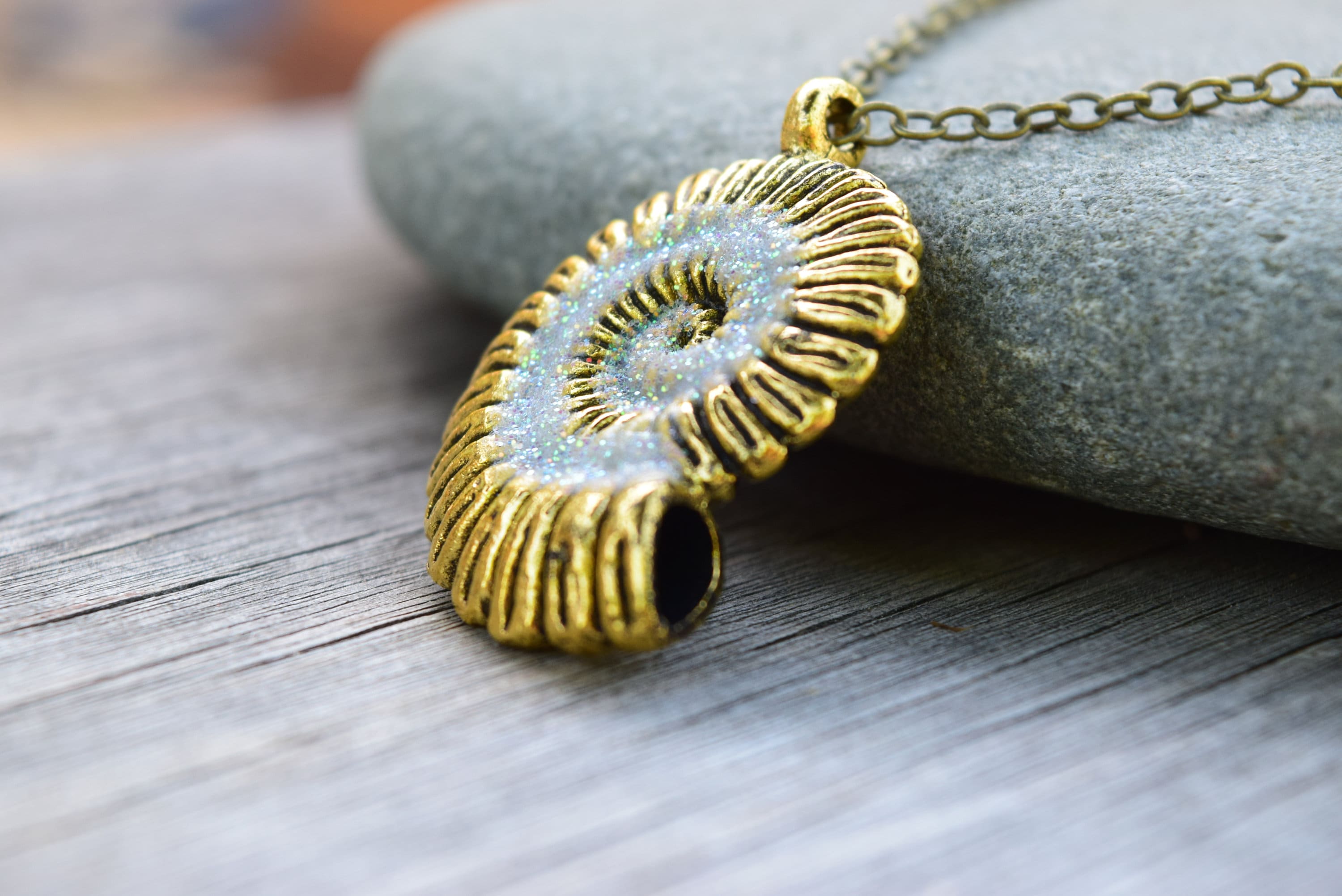 Antique Gold Uma Necklace, Glow in the Dark Nautilus Sea Shell, Ursula ...