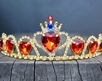 Red Hearts Evie Tiara, Queen of Hearts Crown, Descendants Costume, Gold Tiara Heart with Crown Rhinestone Headband, Red or Blue Accent