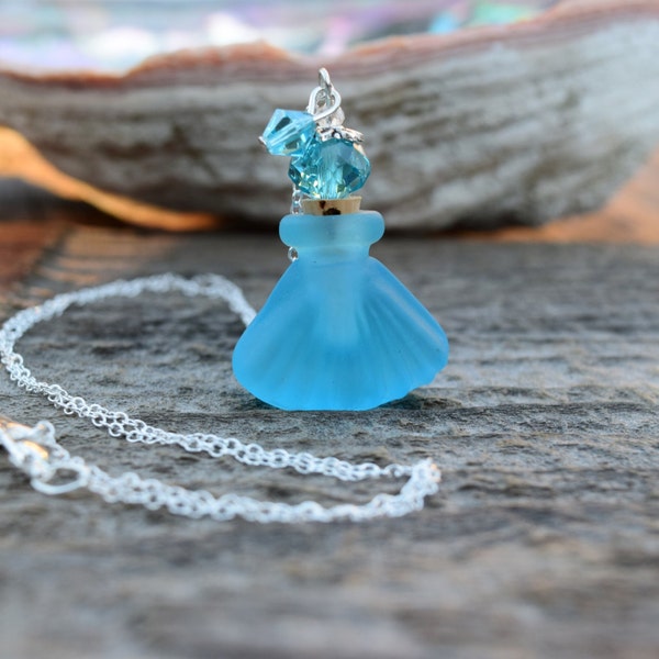 Mermaid Essential Oil Bottle Necklace, Aromatherapy Necklace, Sea Glass Blue Shell Perfume Necklace, Turquoise Tumbled Seaglass Seashell